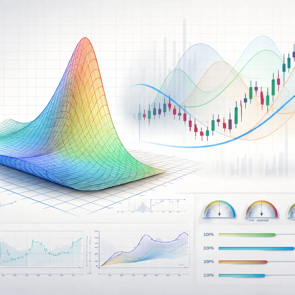 Abstract visualization of an options volatility surface with option payoff curves and a price chart with volatility overlay.