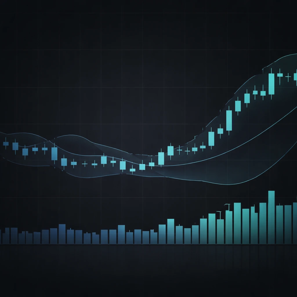 Candlestick chart with Bollinger Bands contracting into a squeeze then widening, accompanied by rising volume bars.