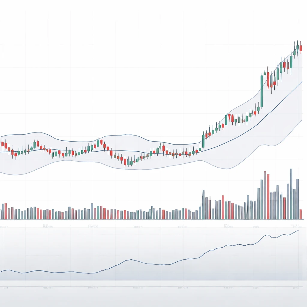Candlestick chart with contracting and expanding volatility bands alongside rising volume during a wide-range move.