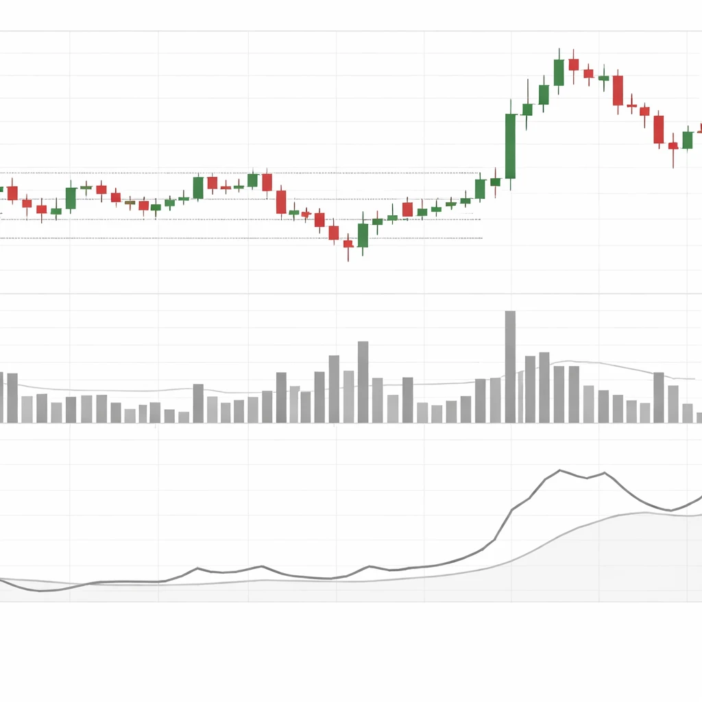 Multi-panel chart showing price candles, volume histogram with spikes and quiet periods, and a volatility line to illustrate participation and variability.
