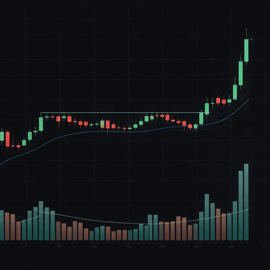 Candlestick chart breaking above a range with higher volume bars on the breakout.