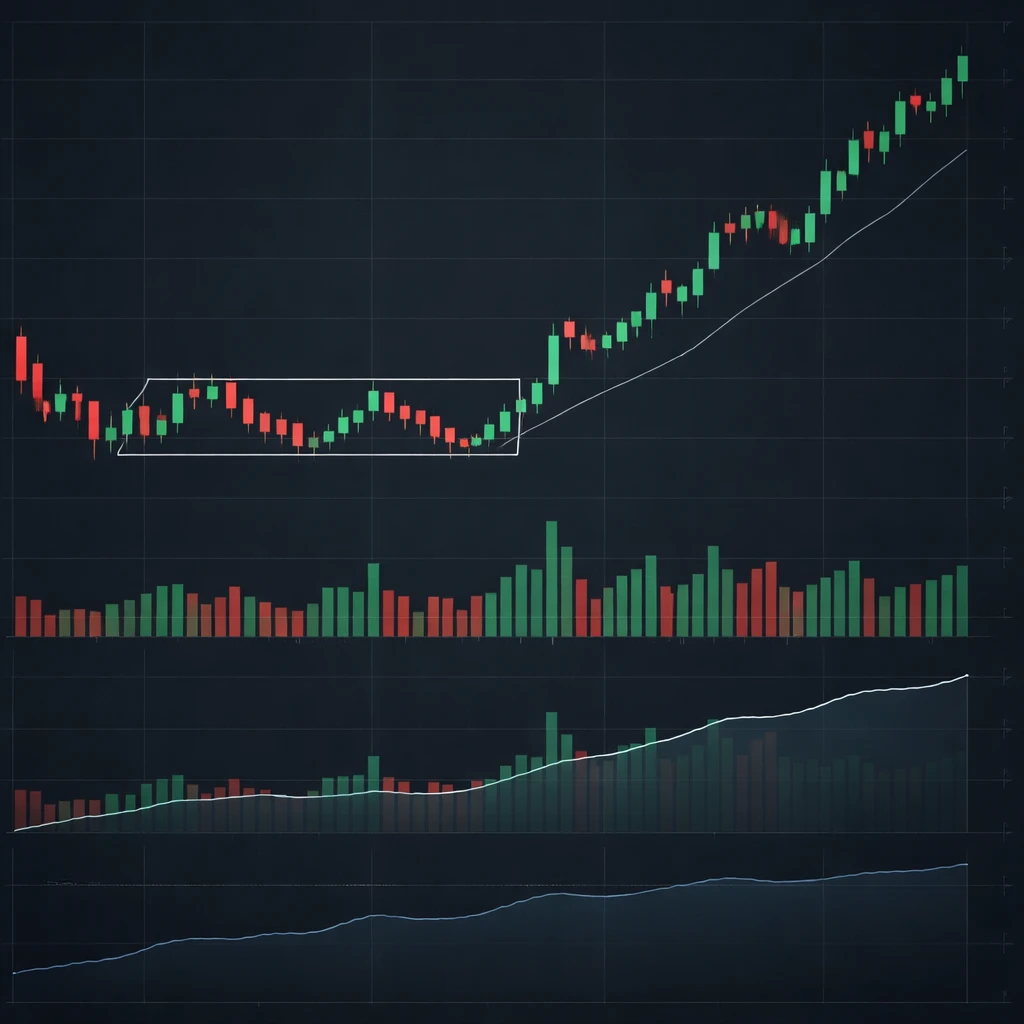 Price and volume chart illustrating an uptrend with volume expansion on advances and contraction on pullbacks, plus a cumulative volume line.
