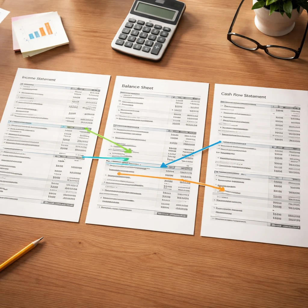 Three interconnected financial statements on a desk with arrows illustrating how line items flow across them.