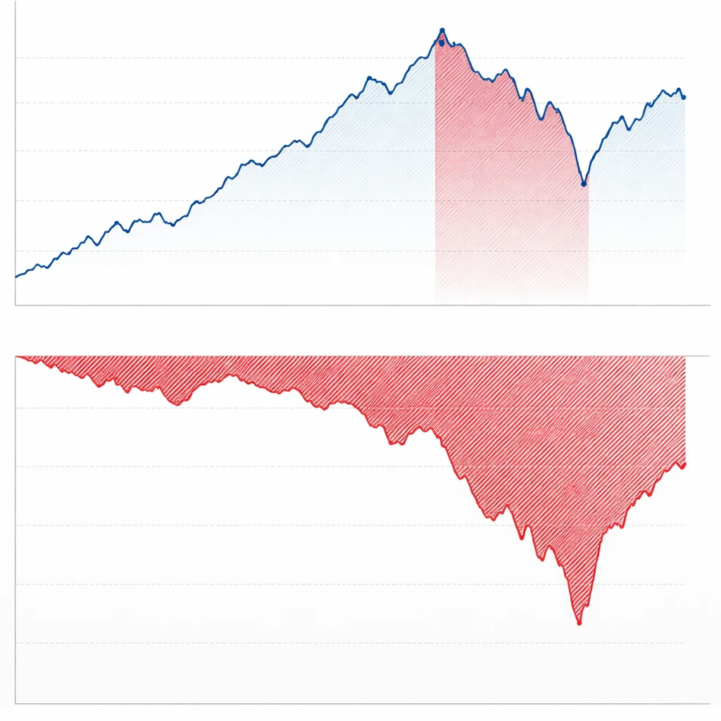 Equity curve with highlighted peak-to-trough drawdown and corresponding underwater chart
