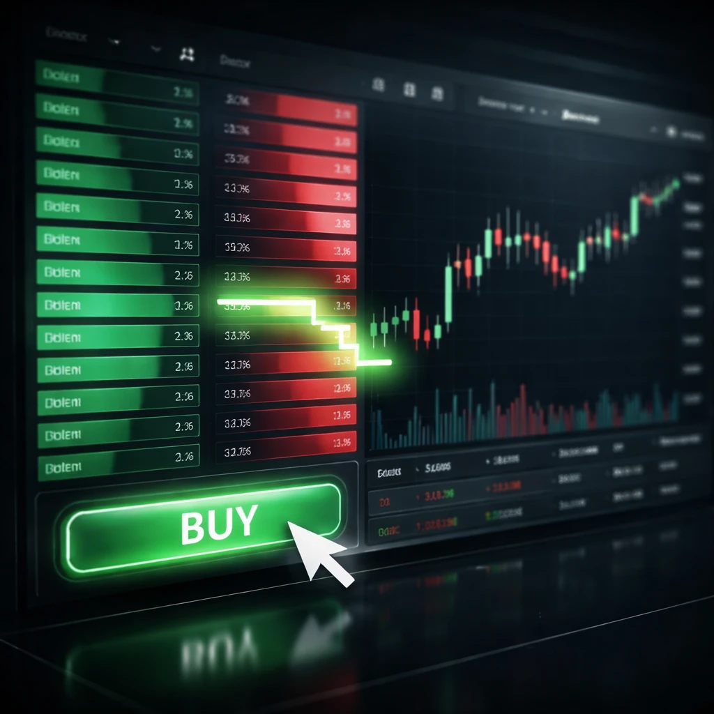 Abstract trading screen with order book columns and a candlestick chart highlighting a market order interacting with available liquidity.