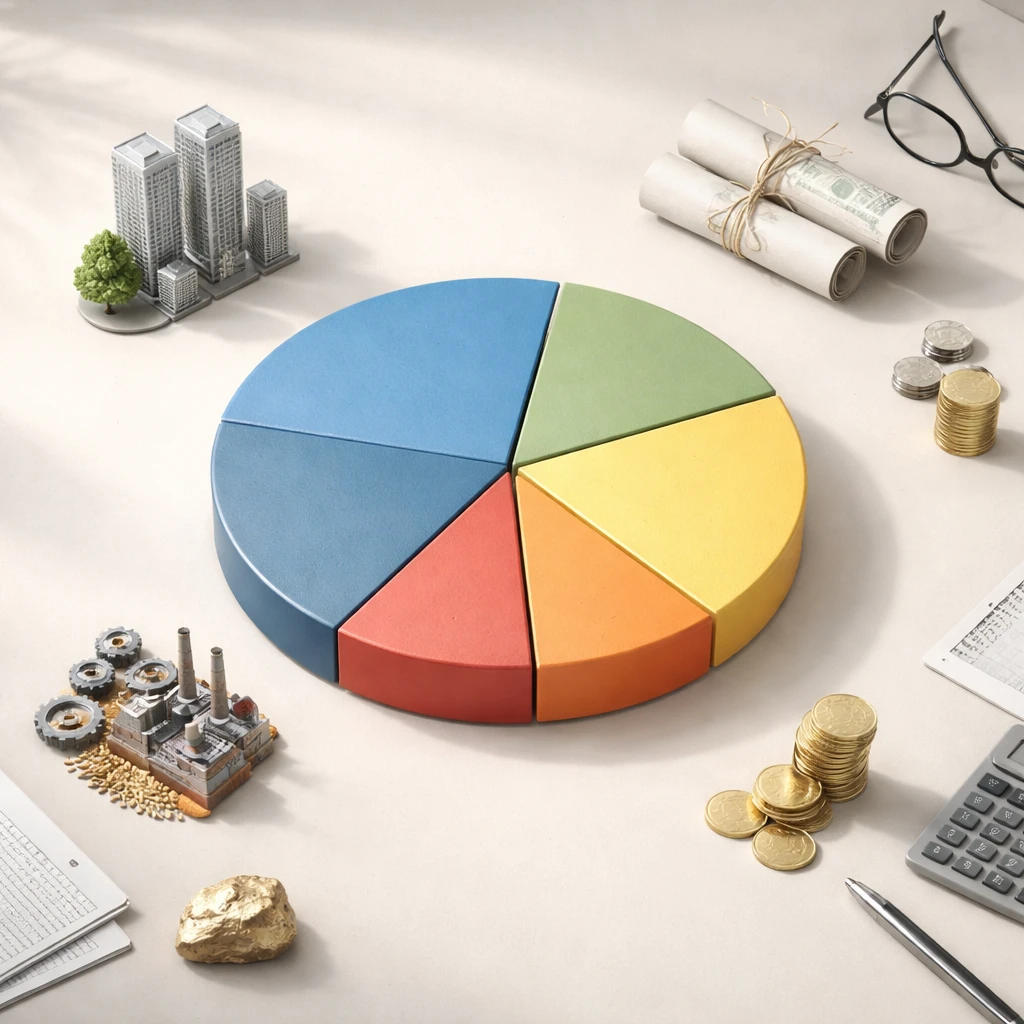Overhead view of a pie chart with objects representing major asset classes on a minimalist desk.