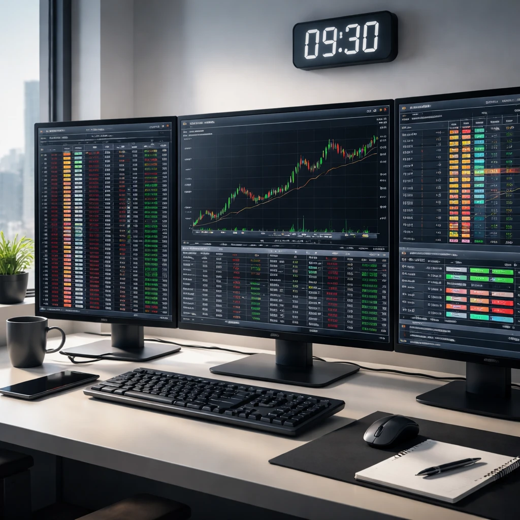 Professional trading desk with monitors showing order book, time and sales, and an intraday chart at the market open.