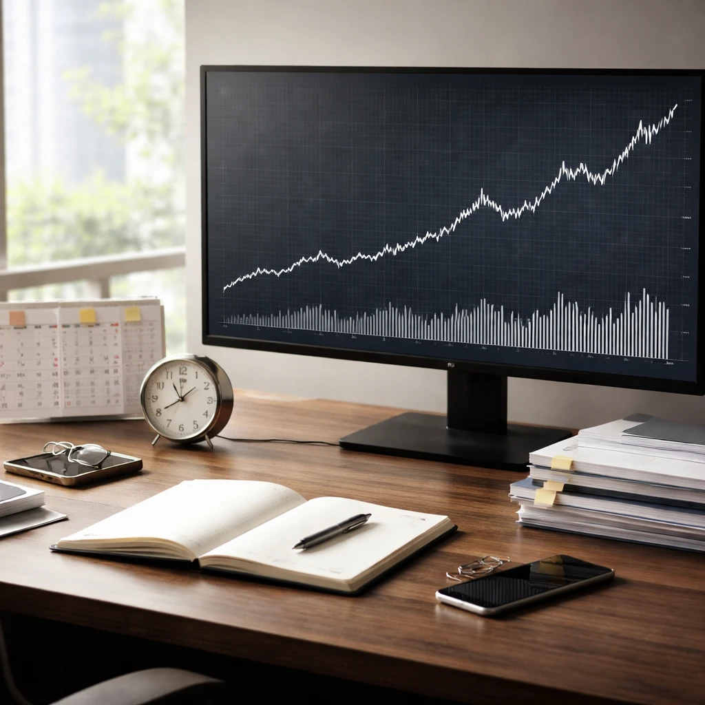 A multi-year price curve on a monitor beside a multi-year calendar and a notebook, suggesting the patient horizon of long-term investing.
