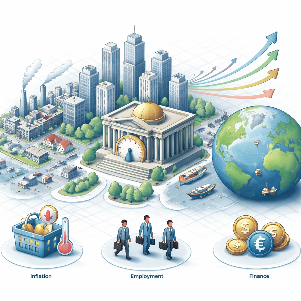 Illustration of a macroeconomic landscape with a central bank, yield curves, factories, and a globe with trade routes.