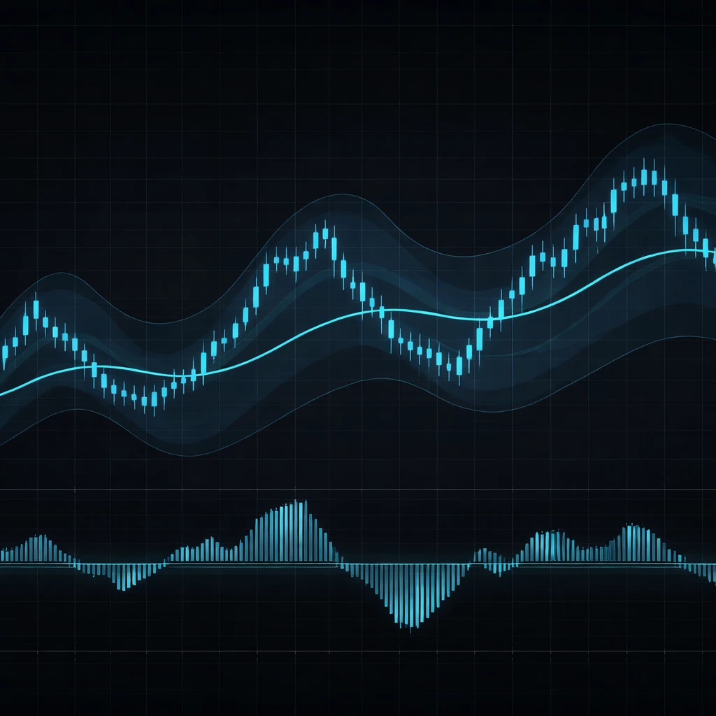 Price series oscillating around a moving average with volatility bands, illustrating mean reversion.