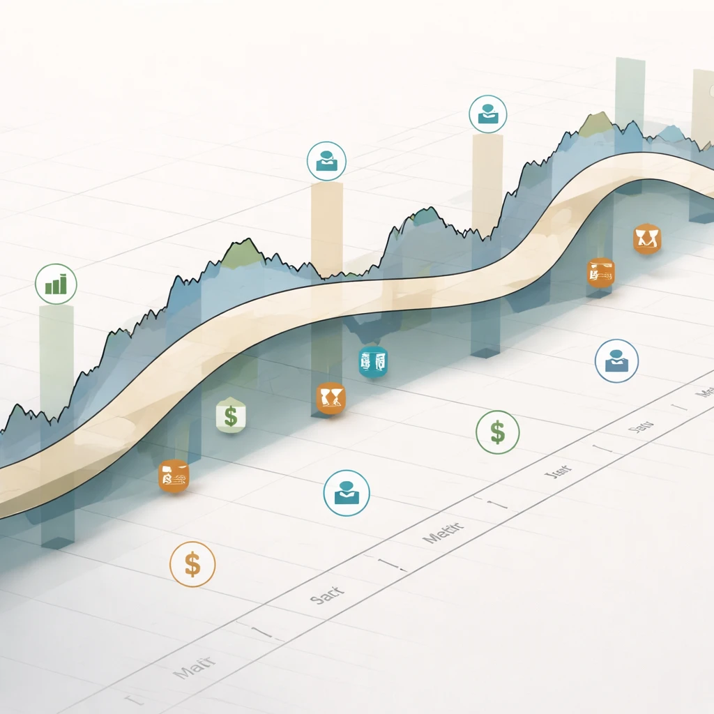 Illustration of a long-term position held across a multi-month price path with event markers and roll dates.