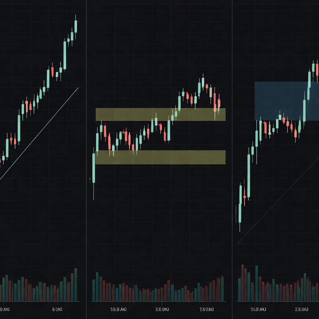 Candlestick charts across multiple timeframes illustrating price action, including trends, ranges, gaps, and visible swing highs and lows.