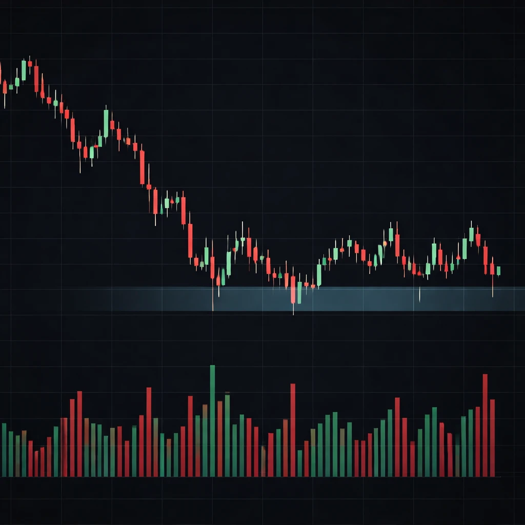 Candlestick chart with multiple tests of a horizontal support zone and rising volume on each touch.