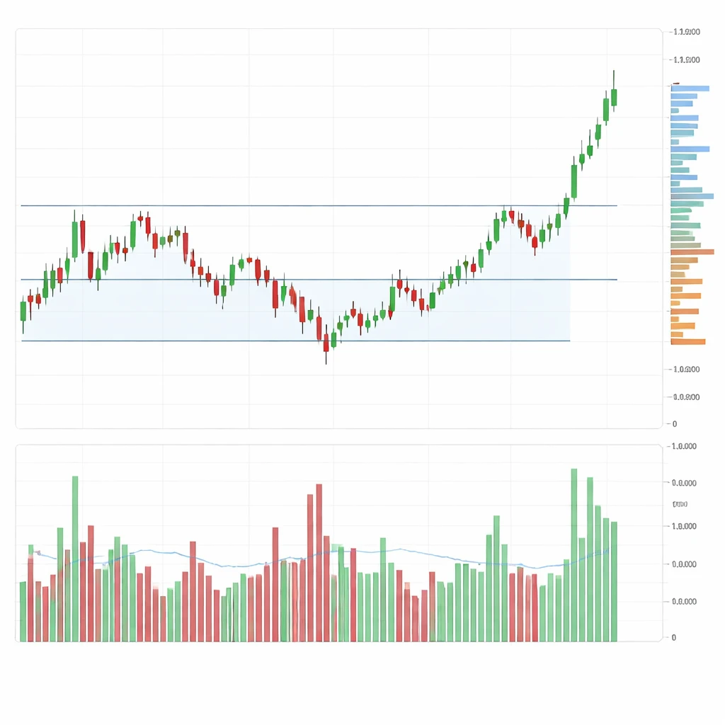 Candlestick chart with a volume histogram and volume-by-price profile highlighting a breakout supported by high trading activity.