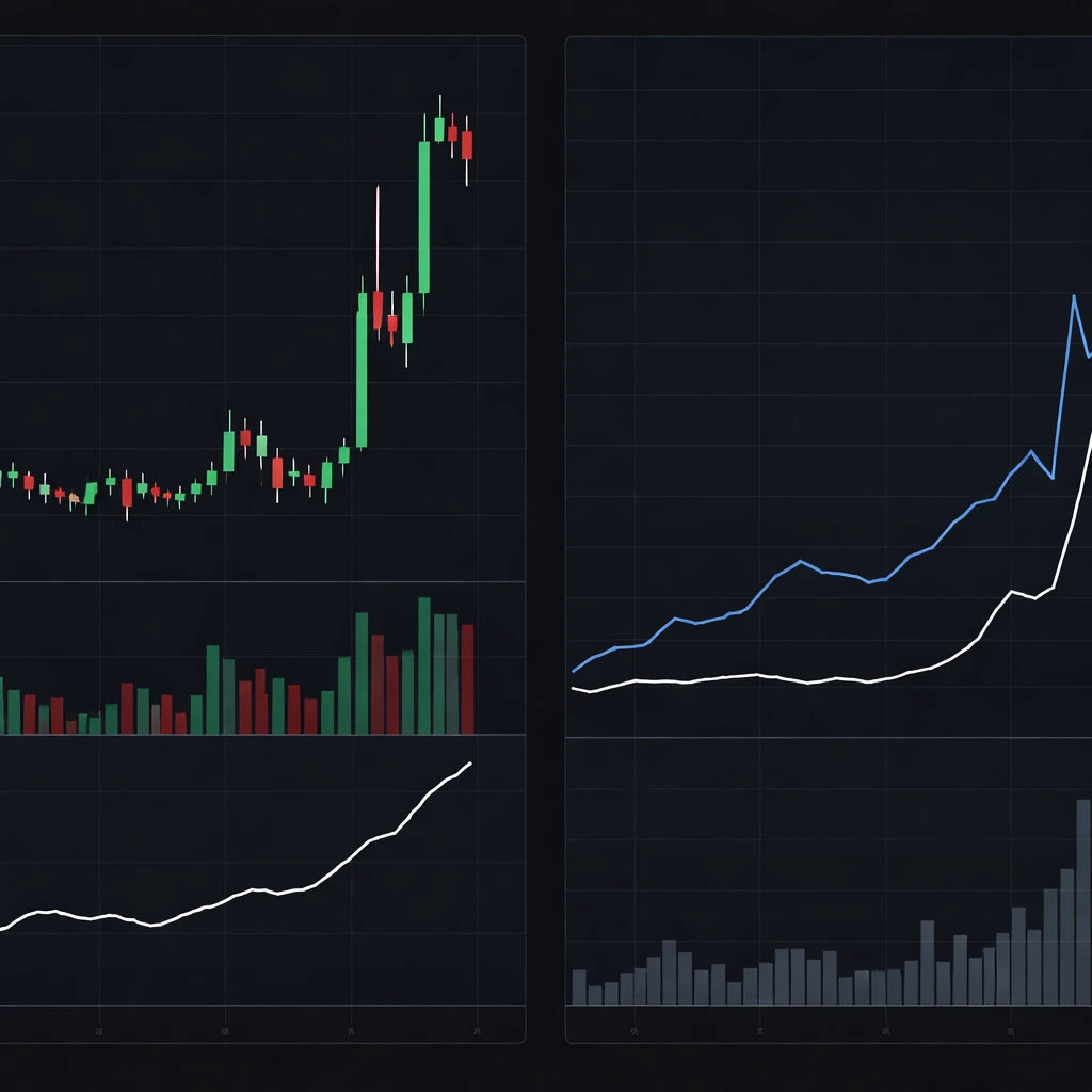 Candlestick chart illustrating a shift from low to high volatility with an ATR pane and volume bars.