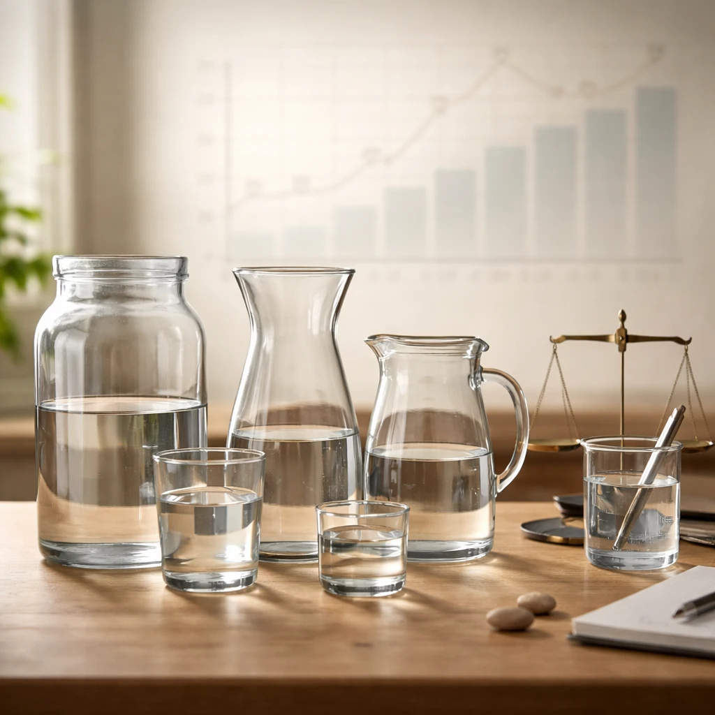 Transparent glass containers at varying water levels representing different capital buckets over time.