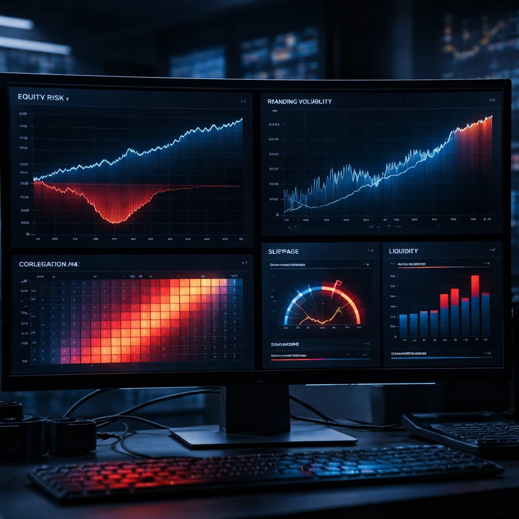 Professional trading dashboard visualizing equity drawdown, rising volatility, and correlation spike to illustrate risk reduction triggers.