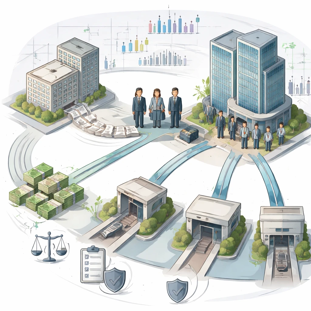 Conceptual isometric illustration of a company transitioning from private ownership through underwriters to a public stock exchange with investors and trading activity.