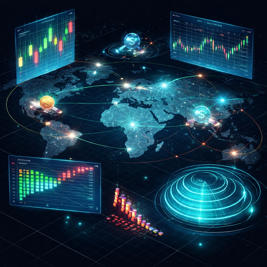 Isometric illustration of a global crypto market with candlesticks, fragmented liquidity panels, and network nodes visualizing volatility.