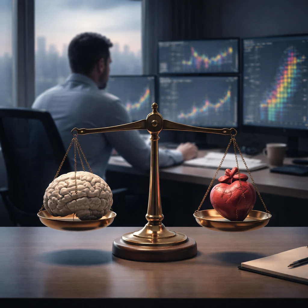 A calm trader at a multi-monitor desk balancing analytical thinking and emotions, symbolized by a brain and heart on a scale.