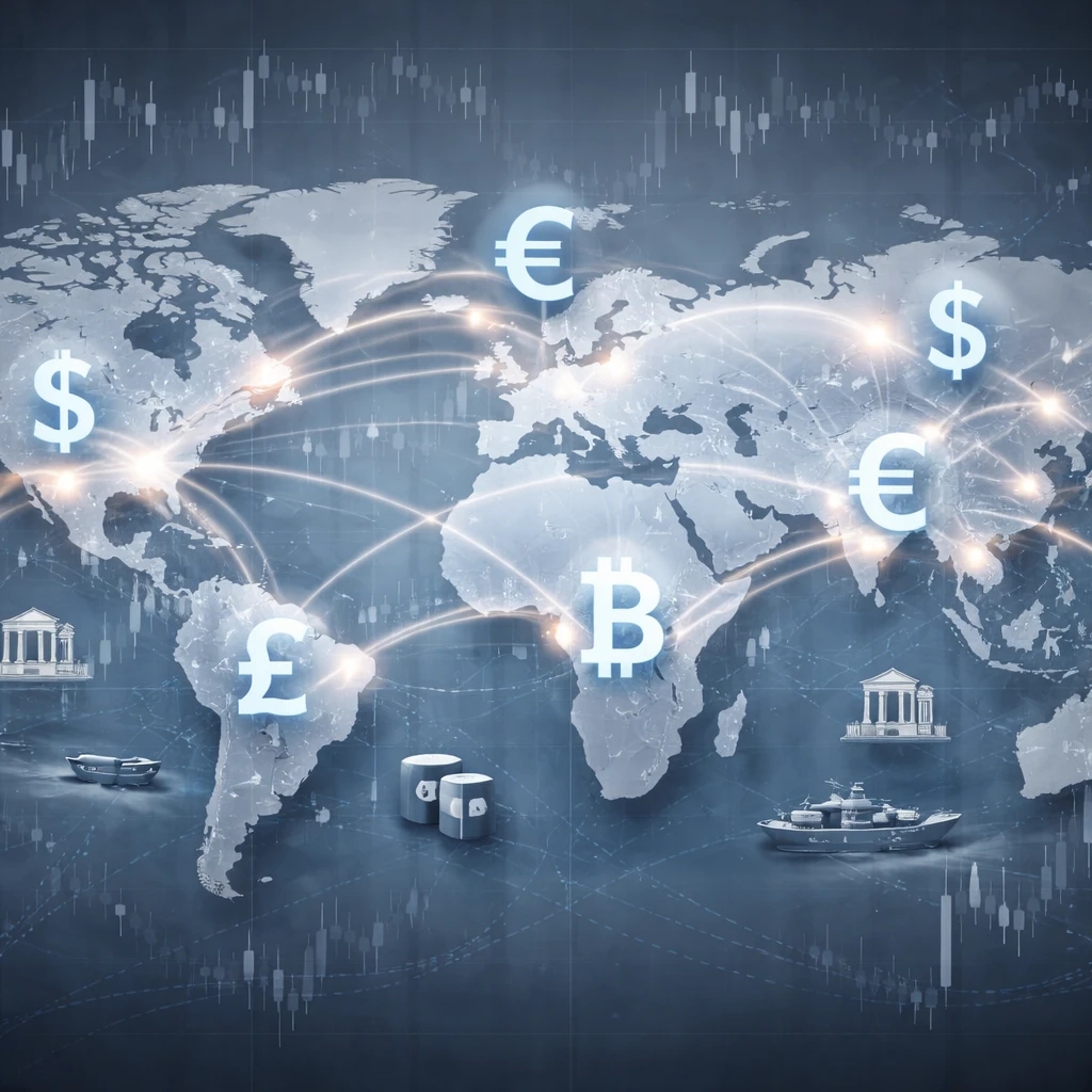 Conceptual visualization of global currency flows and the economic forces that influence exchange rates.