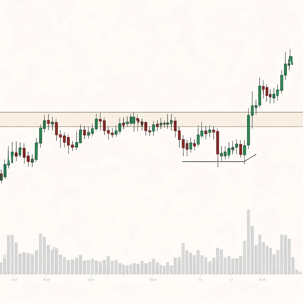 Candlestick chart showing repeated tests of a horizontal level culminating in a clear breakout and retest.