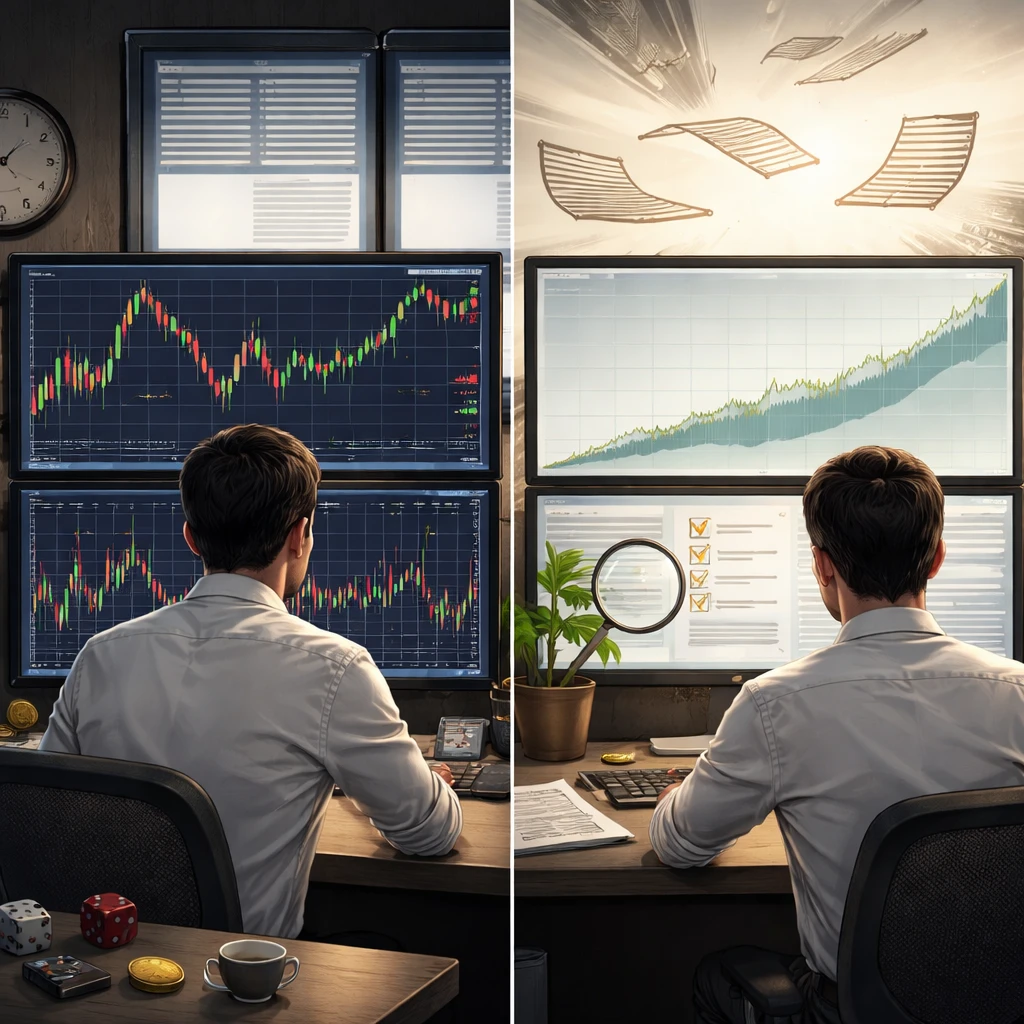 Split visual of a trader comparing noisy short-term price action with a smoother long-term trajectory, symbolizing process versus outcome thinking.