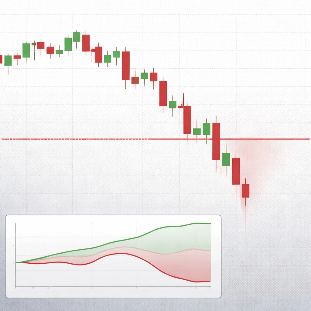 Candlestick chart depicting a price drop crossing a stop level with a gap, illustrating controlled exit and capital preservation.