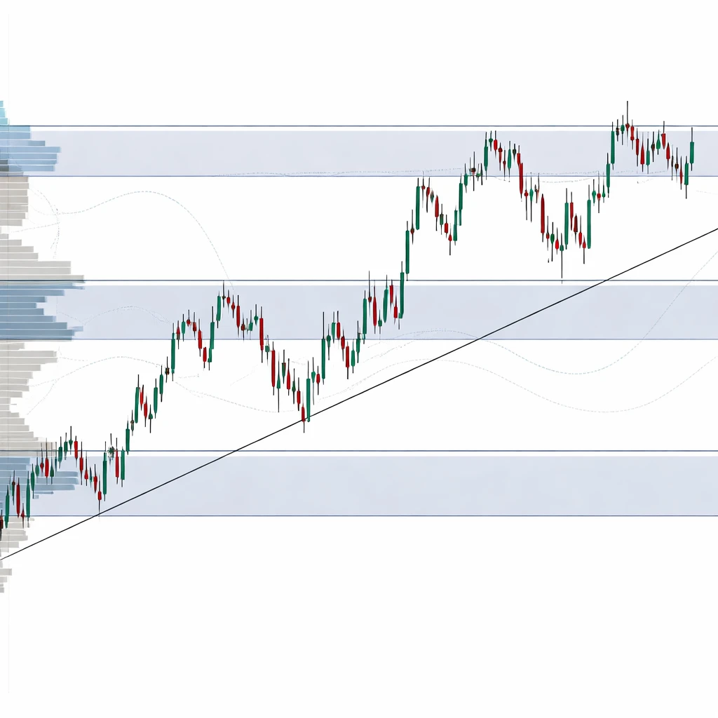 Candlestick chart showing repeated tests of horizontal support and resistance zones with volume profile and order book depth cues.
