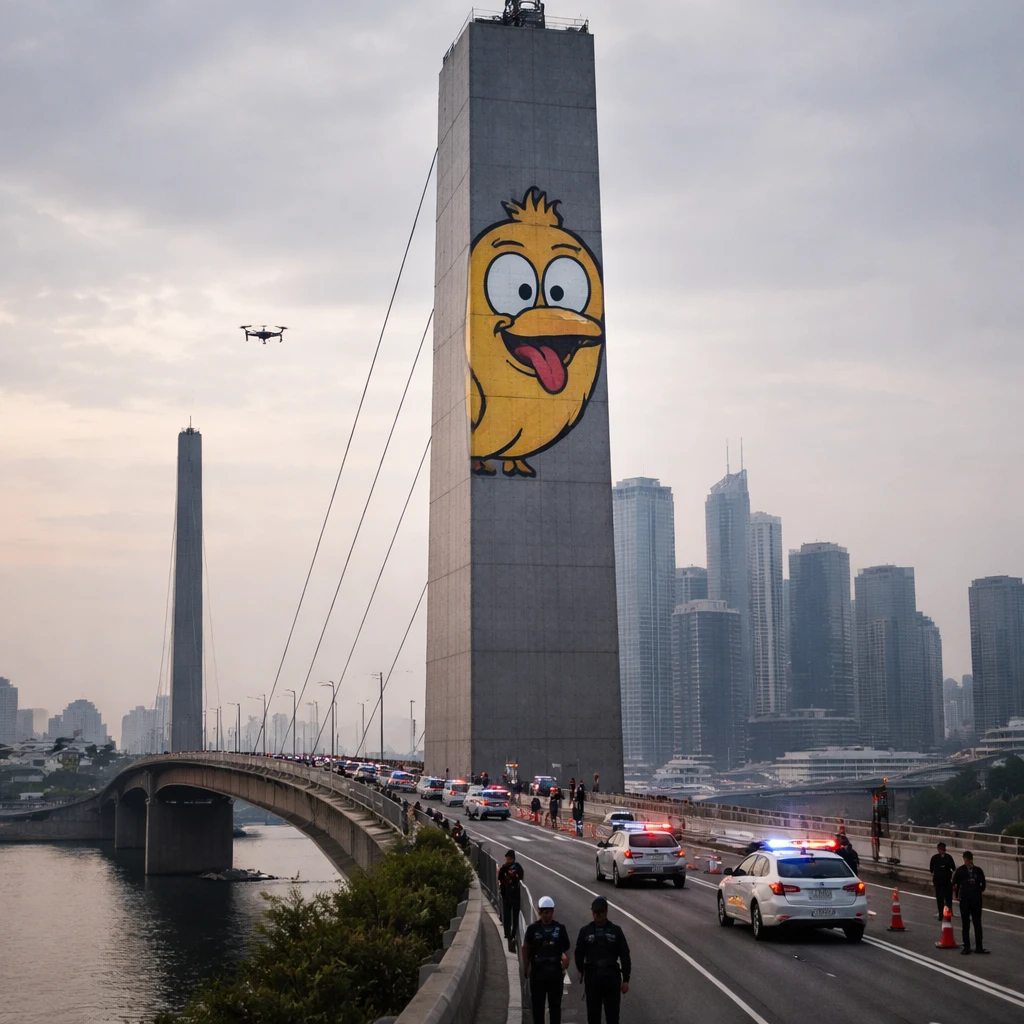 Graffiti artist climbs Melbourne bridge tower, paints oversized bird and halts traffic