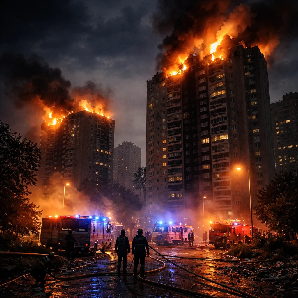Early-Morning Strikes Ignite Multiple Fires Across Kyiv