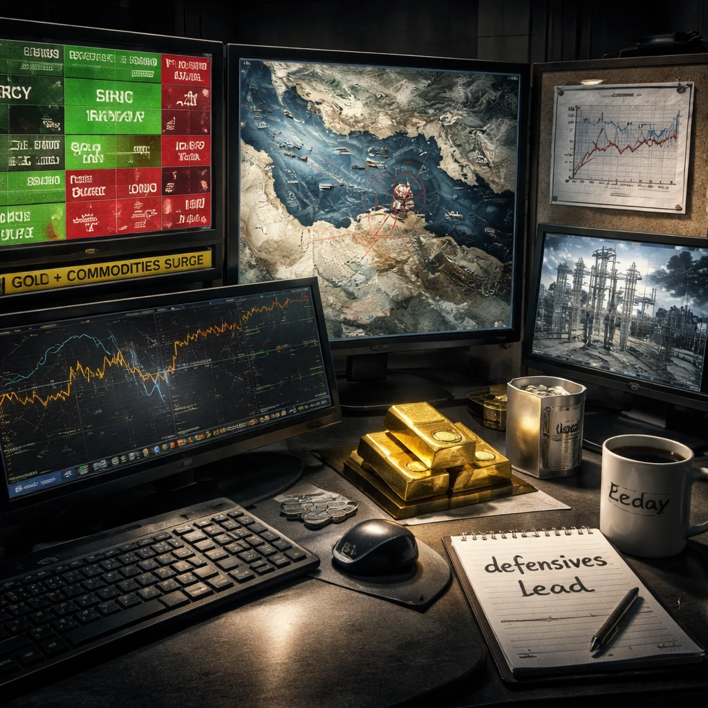 Midday markets tilt risk-off as oil and gold climb; defensives steady, tech and banks fade